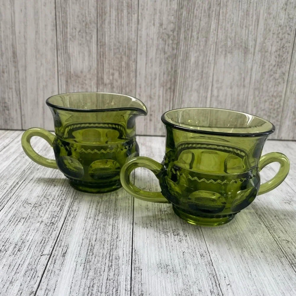 Avocado Green King Crown’s Thumb Print Pattern-Indiana Glass Creamer & Sugar Set - Picture 1 of 9